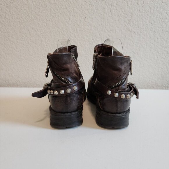 AS 98 Steve Chocolate Brown Leather Studded Moto Zip Buckle Booties 36/5.5-6 - Picture 8 of 11
